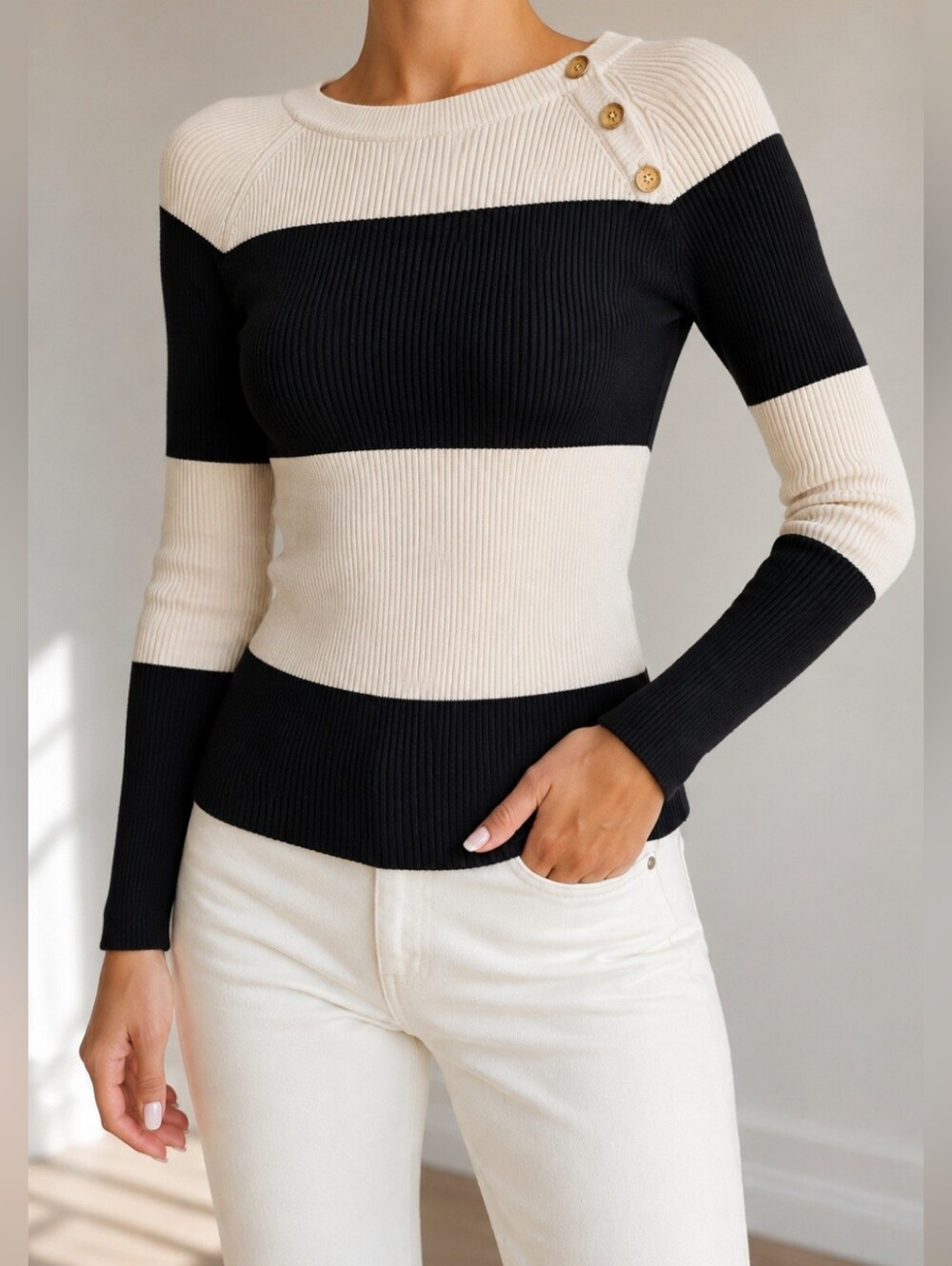 Ralph Lauren Black & Cream Striped Ribbed Button-Shoulder Sweater